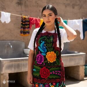 Mexican Embroidered Bib Apron for Women – Multicolor with Floral Design